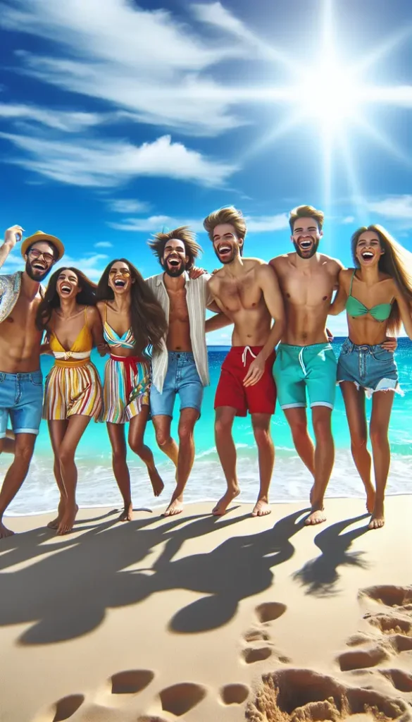 Group of friends in fashionable beach outfits with an ocean backdrop.