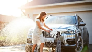 Couple washing car together, showing teamwork and joy in sunlight.