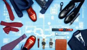 Men's fashion items arranged in a blueprint pattern.