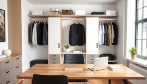 A workspace featuring a minimalist wardrobe setup conveying calm and efficiency.