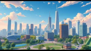 Children playing safely in a futuristic anime cityscape.