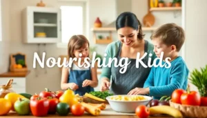 A parent and children preparing a healthy meal together in a kitchen with fresh ingredients.