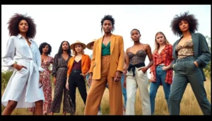 A group of models in a natural setting wearing a variety of sustainable fashion items.